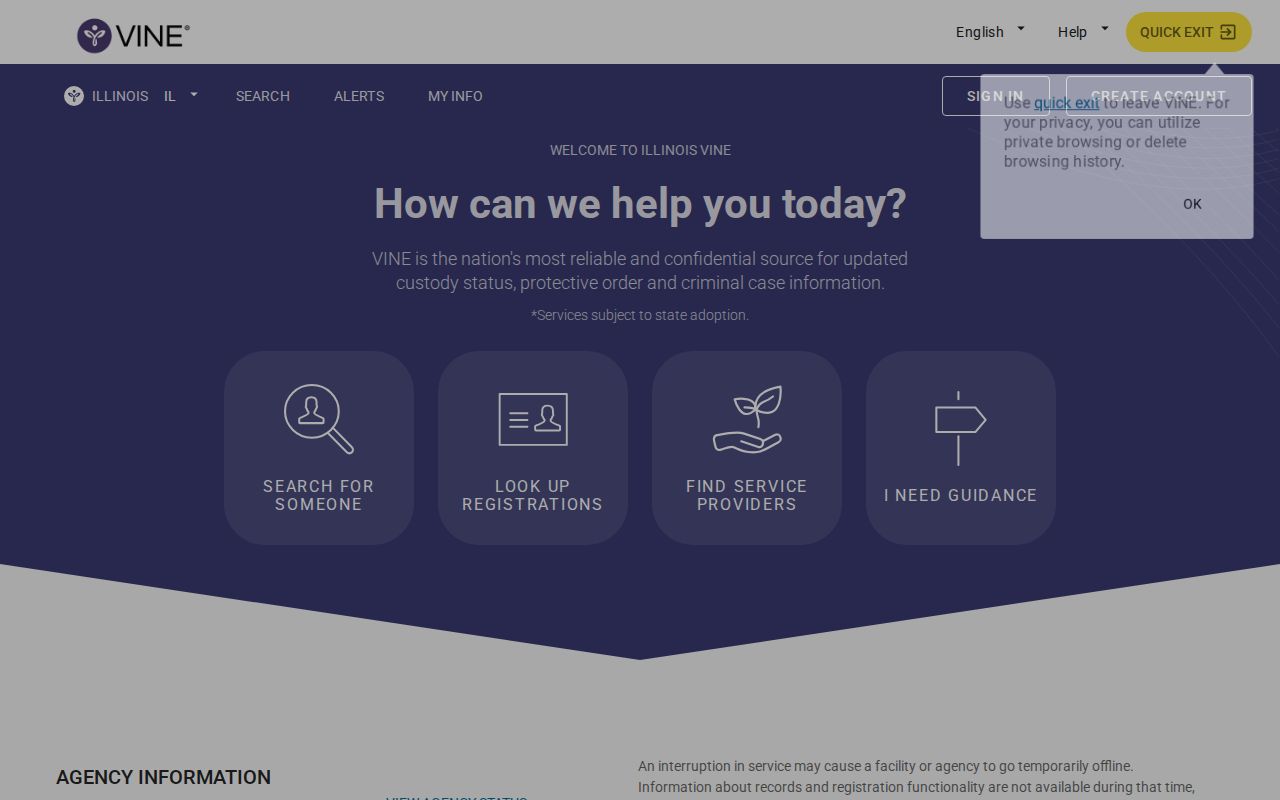 Illinois VINELink specific-person custody search interface